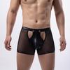 Men's Underwear Sexy Imitation Leather Free-off Hollow Boxers Mesh Perspective U Convex Bag Shorts