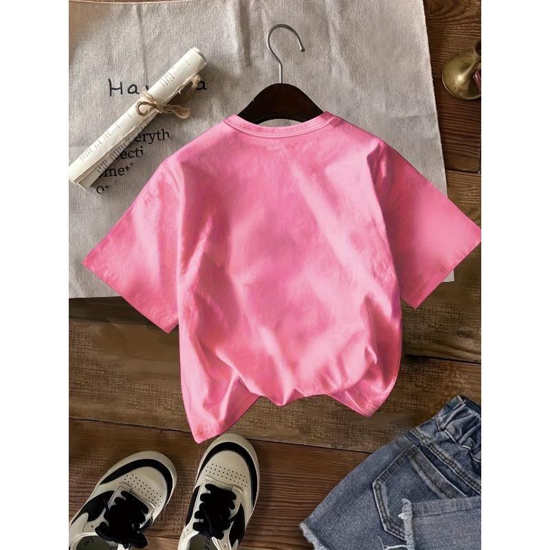 European sizes Sweet Bow Print T-Shirt - Short Sleeve Round Neck Summer Blouse Top, Casual Summer Outfits for, Playdates & Parties