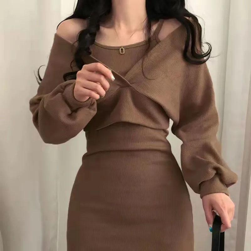 Französisches Elegantes Anzug-Trägerkleid Langarm Einfarbig Party Sexy Bodycon Damenkleid Herbst Winter Damenkleid Y2K