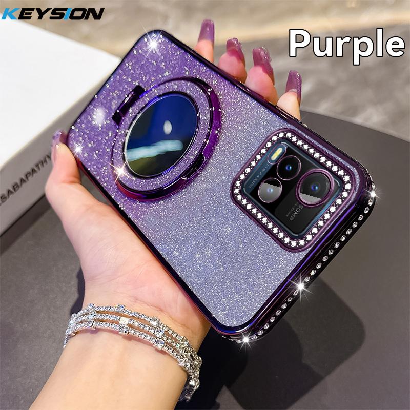 

KEYSION Luxury Glitter Jewelled Magnetic Phone Case for VIVO Y21 Y21S Y21T Y33S Y33T T1X Makeup Mirror Stand Shockproof Cover for VIVO Y21S фиолетовый