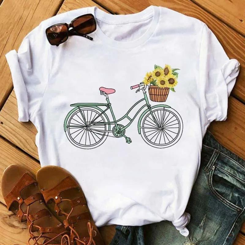Bicycle Flower Print Tshirt Short Sleeve Round Neck Womens Dress Tops Graphic T Shirts Aesthetic Aesthetic Clothes Kawaii