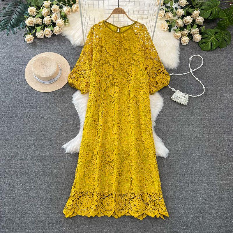 

Ladies Long Sleeves A- line Water Soluble Hollow Dress Lace Yellow One size