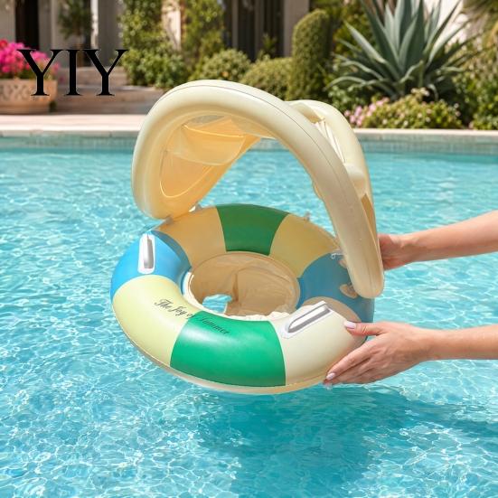 Wasserspiel Schwimmring für Baby mit Sonnendach, Aufblasbarer Schwimmring im Vintage-Streifenmuster, Sicherheits-Kleinkindersitz & Griff, Sonnenschutz Schwimmen für Kinder