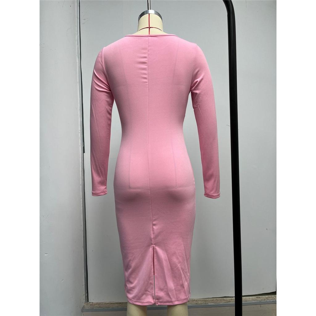 Damen Langarm Rundhals Französisch Retro Slim Langes Kleid