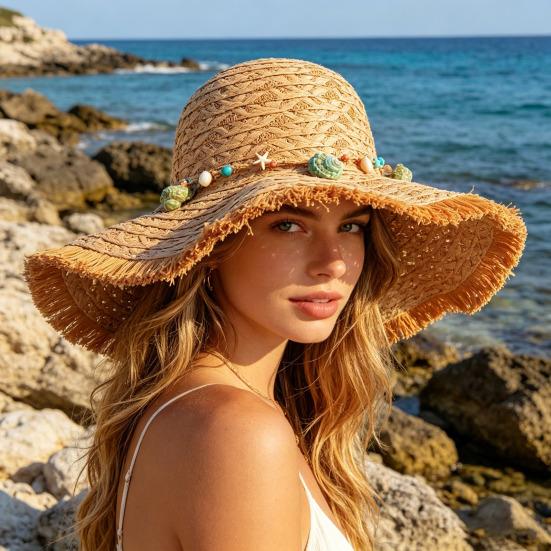 Strandhat med bred, bølget skygge, dekoreret med konkylier, åndbar, justerbar størrelse, foldbar til rejser, solbeskyttelseshue