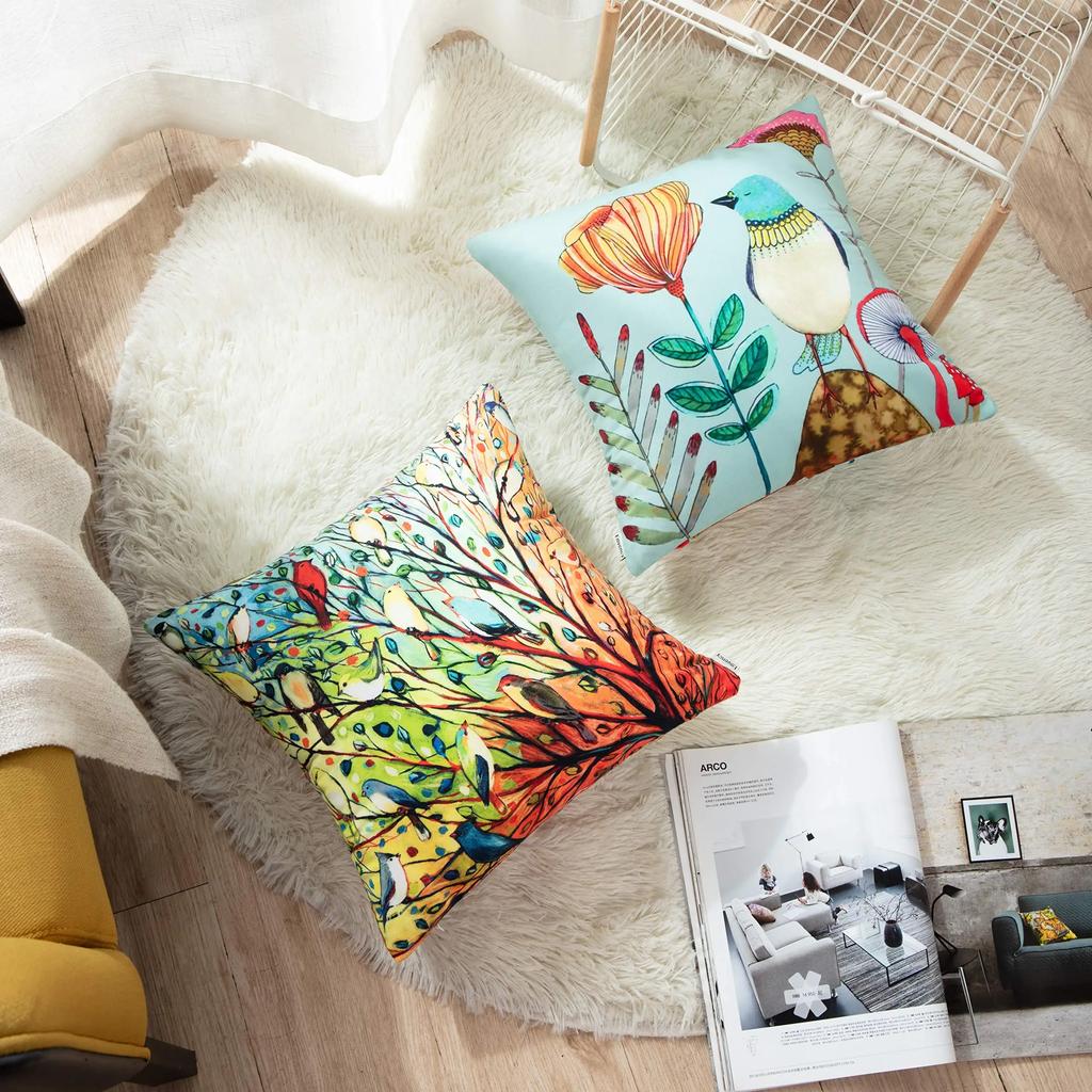 Branch Bird Flower Linen Pillowcase Sofa Cushion Cover Home Decoration Can Be Customized for You 40x40 50x50 60x60 45x45