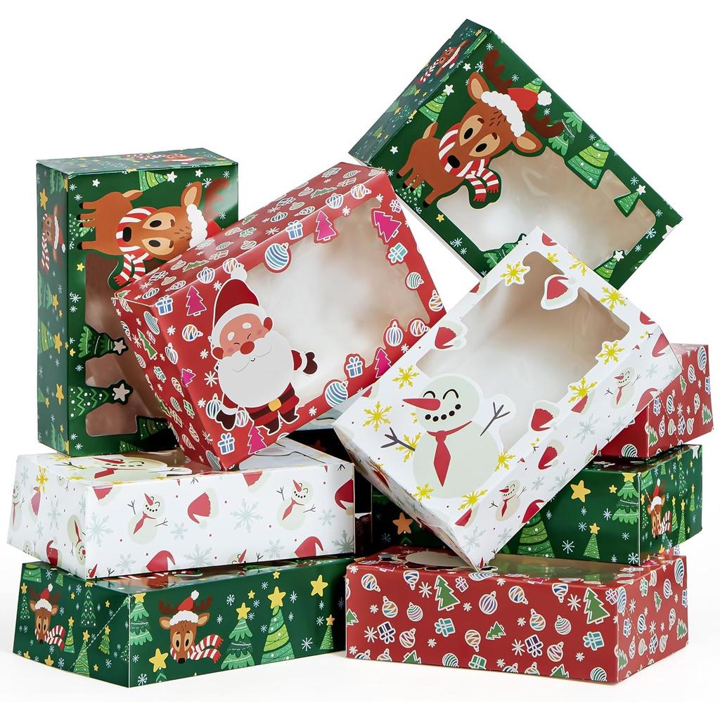 JOYFY 24 PCS Christmas Foil Treats Cookie Gift Boxes Colorful Pattern Bakery Box with Window for Xmas Holiday Birthday Party