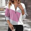 Autumn and Winter Color Blocked Loose Zipper Long Sleeved V-neck Sweatshirt for Women