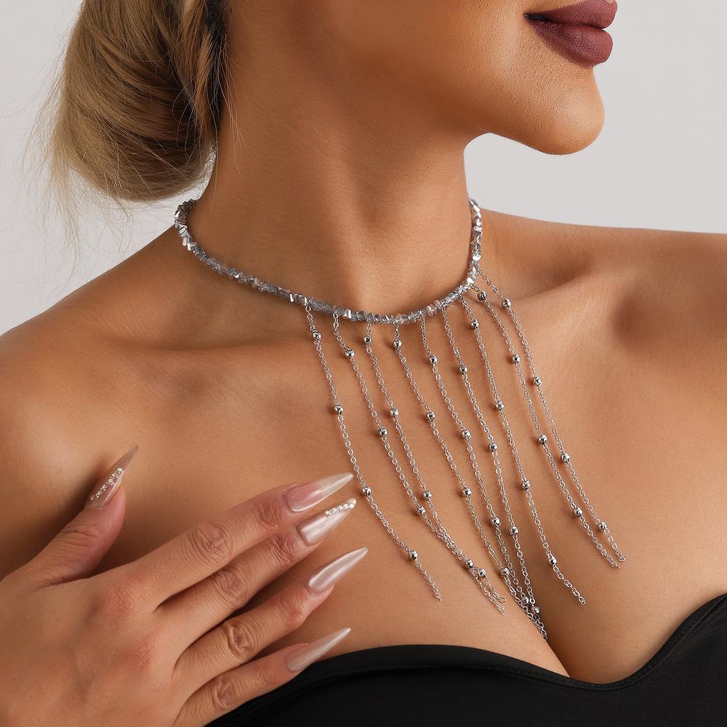 Multiple tassel collarbone chains ins light luxury high-end mirror glass beaded necklace