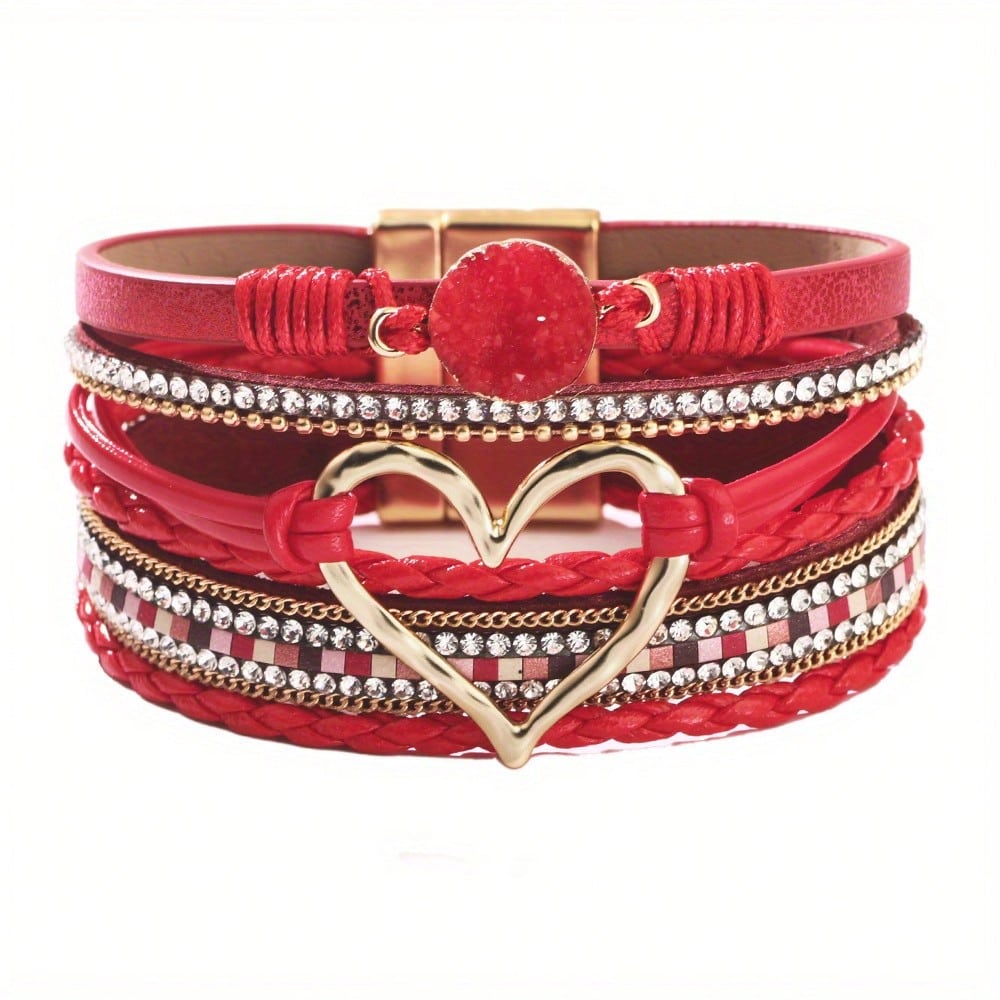 1 Piece Hand Woven Multi-Layer Leather Bracelet, Bohemian Style Gold Heart Women'S Bracelet Accessory