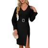 Professional Slim Dress Autumn/winter V-neck Long Sleeve Belt Wrap Hip Knit Dress Women