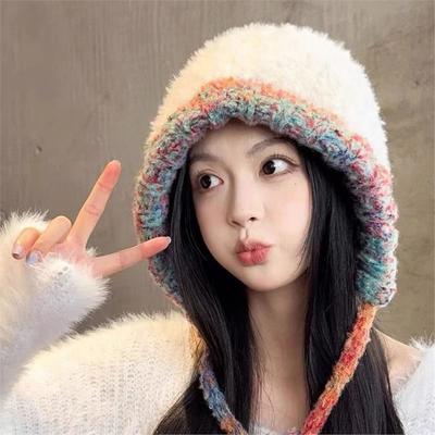 Handmade Big Head Circumference Plush Knitted Hat Showing Face Small Hat Women's Wool Hat Thermal Ear Protection Hat Can Be Messenger Hat