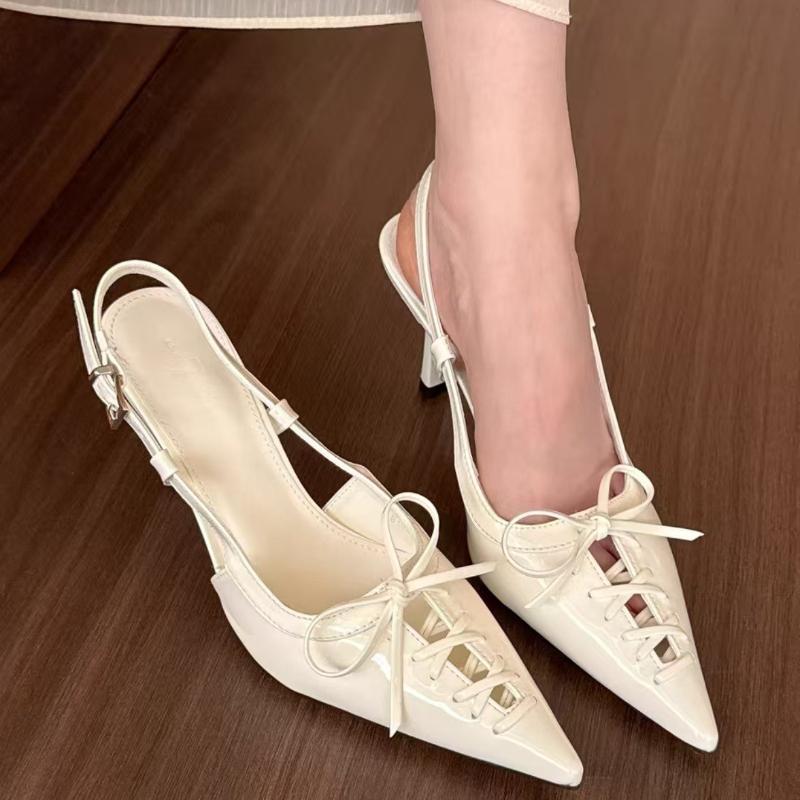 Sandales à nœud pointu pour femmes Fine High Heel Shallow Mouth Baotou Solid Colour Casual Sandals
