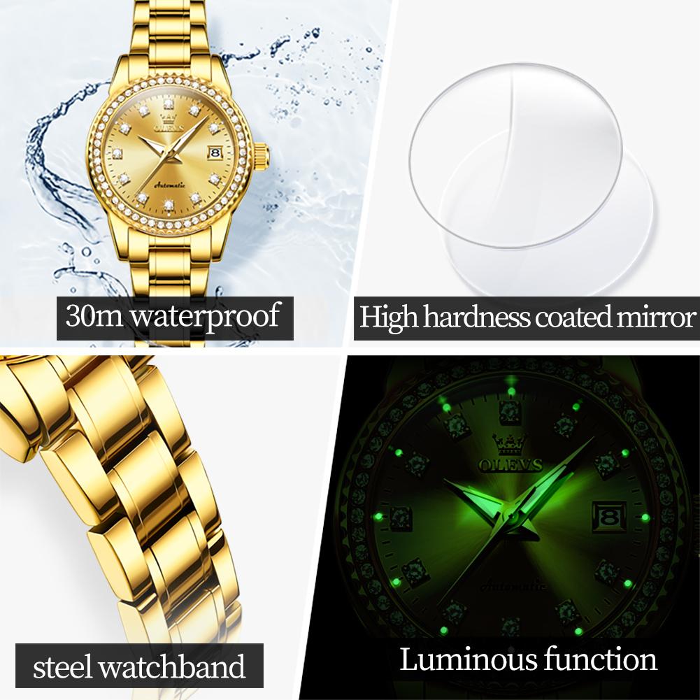 OLEVS 7003 Mechanische Damen-Kleideruhr Luxus Diamant Zifferblatt Kalender Wasserdicht Leuchtend Damen Armband Armbanduhr Elegant
