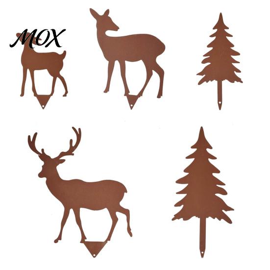Rust Colored Iron Silhouette 5Pcs/Set Forest Deers Garden Stakes, Rusty Christmas Tree Elk Family Metal Stakes Outdoor Yard Art Ornaments for