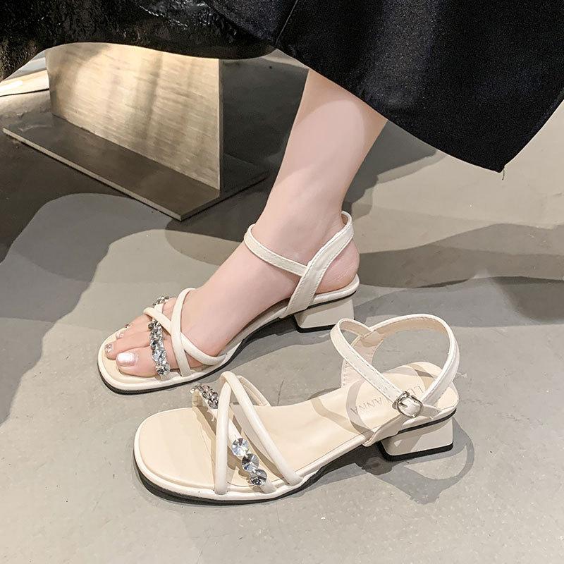 French Open-toed Rhinestone Sandals Summer New Fashion Thick Heel Square Head One-word Buckle with Skirt Women's Shoes
