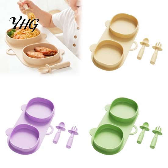 Silicone Suction Placemat Baby Foldable Dinner Plates with Fork And Spoon, Easy Clean Toddler Food Tray Travel Feeding Essentials, Divided Set