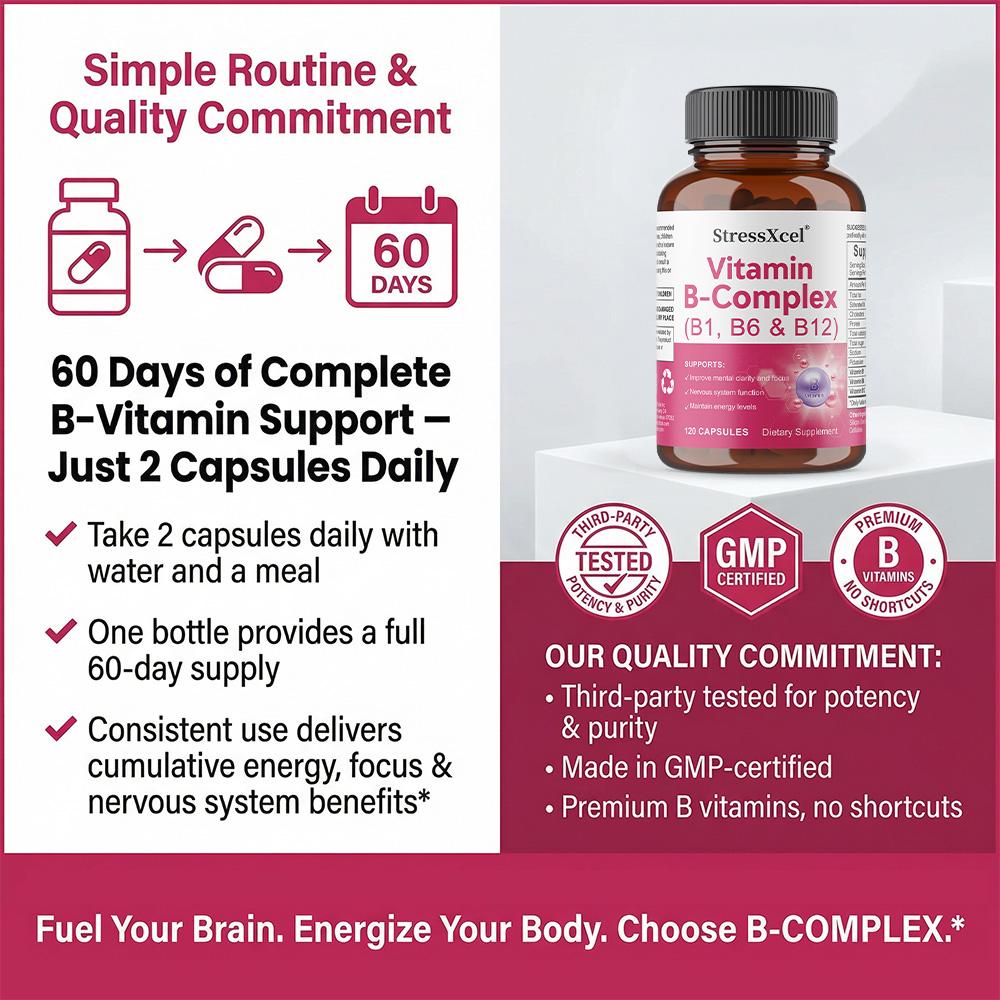 Complesso di Vitamine B (B1, B6, B12) Integratore Alimentare, 120 Capsule per Flacone