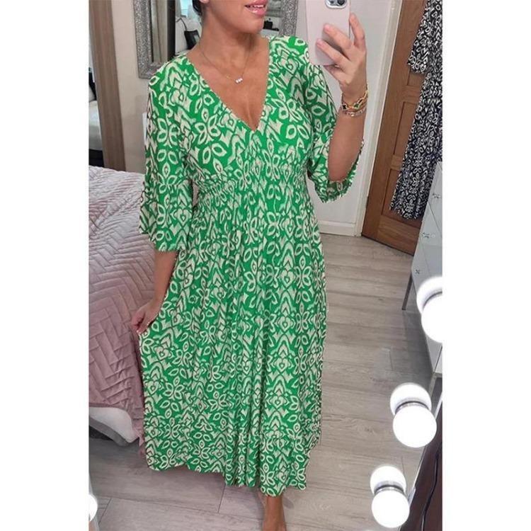 Sommer-Maxikleider für Damen Übergröße Floral Locker V-Ausschnitt Lässig Urlaubs-Strand-Outfit