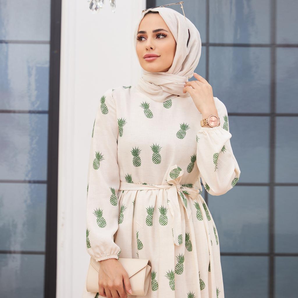 Ananas Wzorzyste Kobiety Sukienka Opasana Połowa Podszyta Zapinana Na Zamek Islamski Muzułmański Nowy Sezon Letni Model Tkanina Lniana Made in Turcji