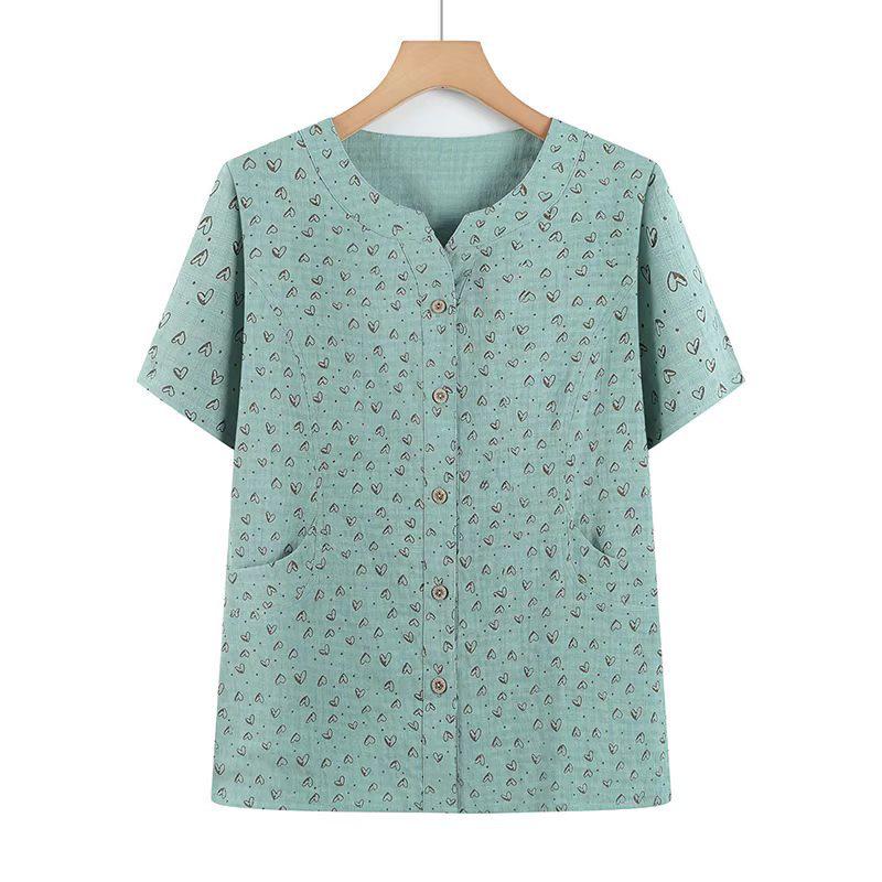 Grandma's Summer Cotton Short Sleeve Shirt - Women's Cotton Linen Top for Middle-aged and Elderly
