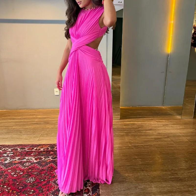 2026 Womens Elegant Slim Fit Solid Color Lace-Up French Midi Dress High Waist A-Line Sleeveless Occasion Small розоватый
