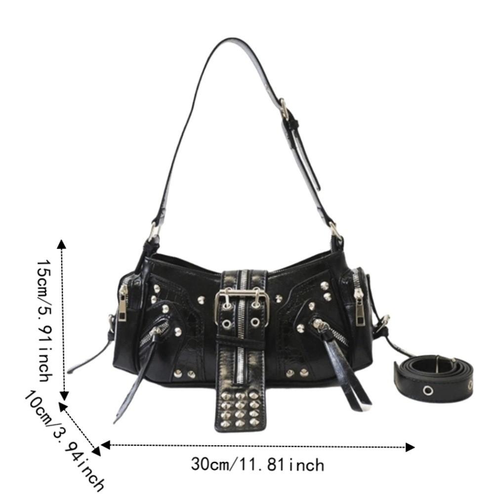 PU Leather Gothic Rivet Shoulder Bag Leopard Print Polyester Lining Underarm Bag Black Color Multi Strap Crossbody Bags Date