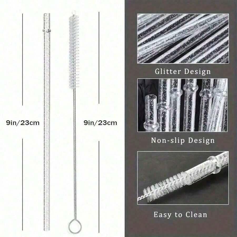 12pcs Reusable Sparkle Plastic Straws With Cleaning Brush, Rigid Non-Tipping Drinking Straws,for Tumbler Bar Home Party