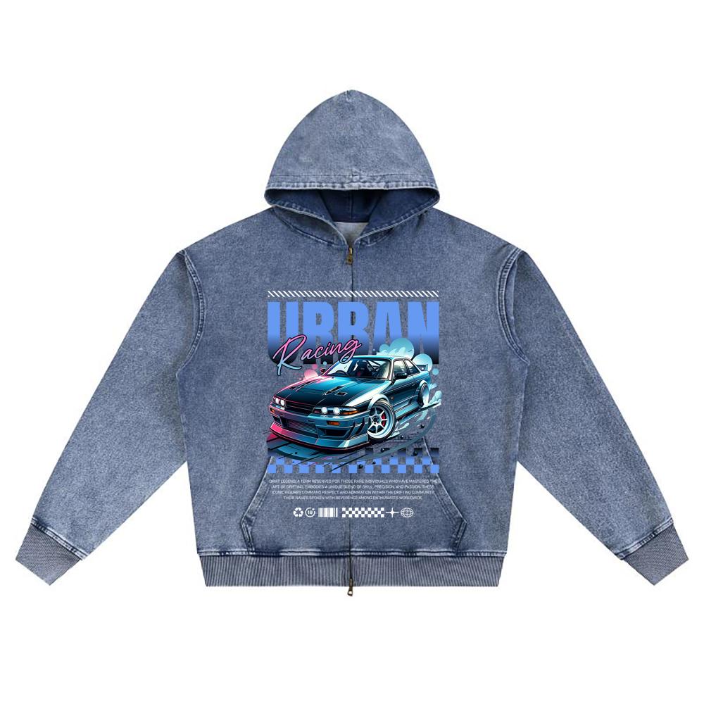 DTG Print Knitted Denim Zip-Up Hoodie Urban Racing Drift Brother Print Zipper Hoodies