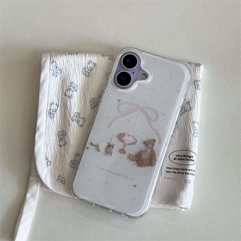 Glitter Cat and Bear Dessert Phone Case for iPhone 17/16 Pro Max/15/14 - Women's Edition