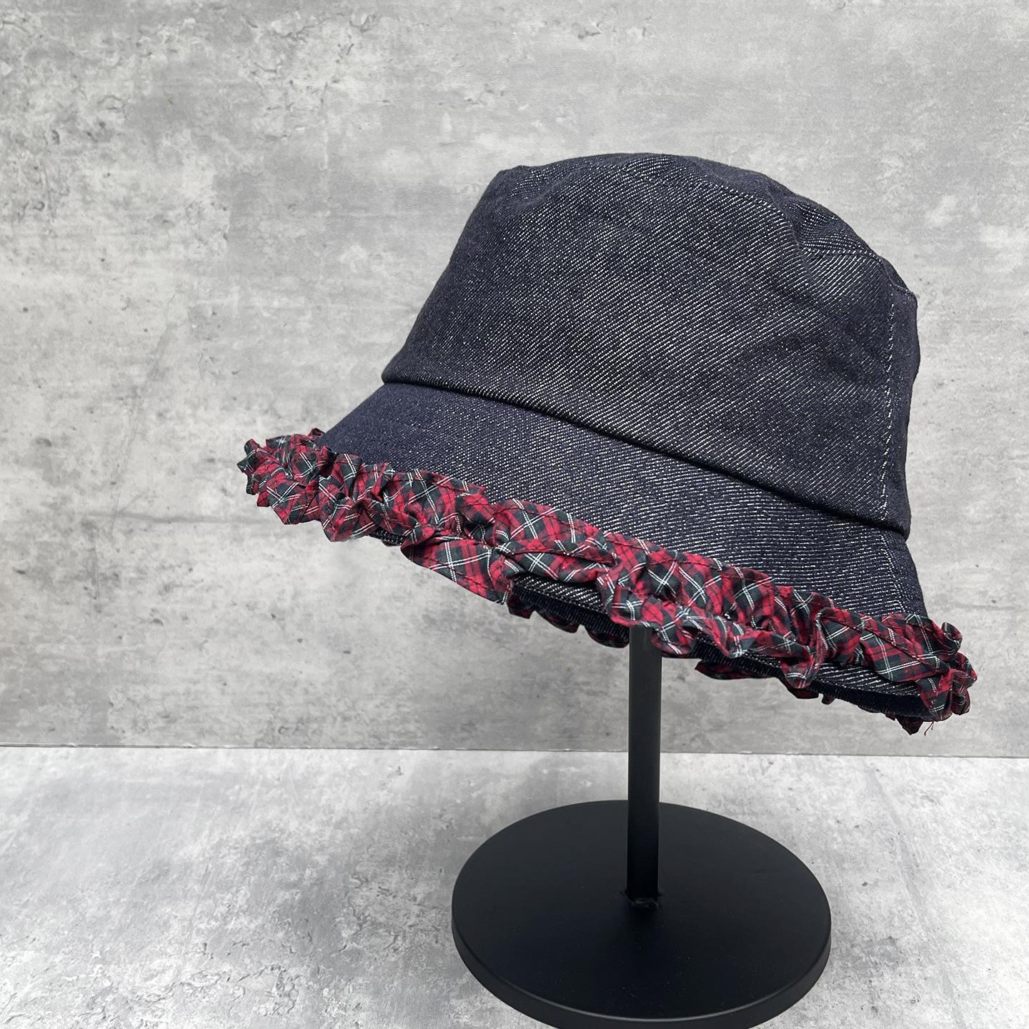 

Version Sweet Color Matching Lace Denim Bucket Hat Women S Autumn Face Small Bucket Hat Versatile Pot Hat M（56-58cm）