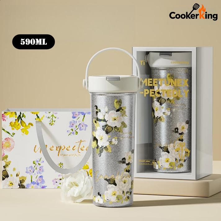 COOKER KING 590ML Insulated Cup Titanium+PP Flower Pattern Straw Insulated Cup  Handheld Wate Rbottle Light Luxury Birthday Gift 590ML