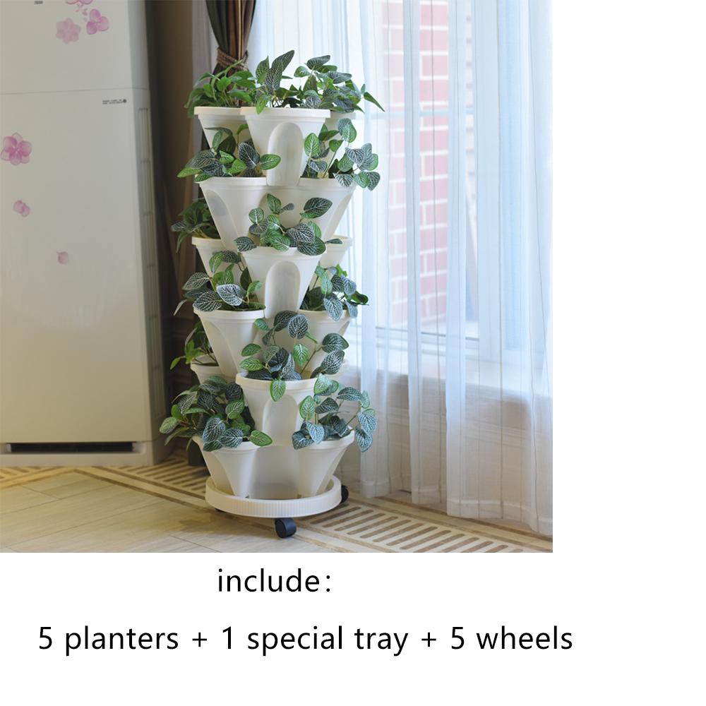 

5-ярусные штабелируемые вертикальные горшки для растений и цветов с мобильным поддоном, контейнер для выращивания растений, садовые принадлежности для посадки, садовые инструменты белый