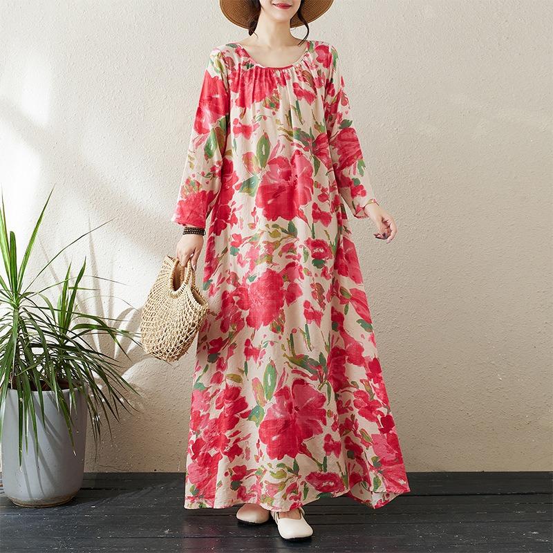 Dress A Variety of Color Holiday Style Travel Round Neck Vintage Flesh-covered Cotton Hemp Long Dress
