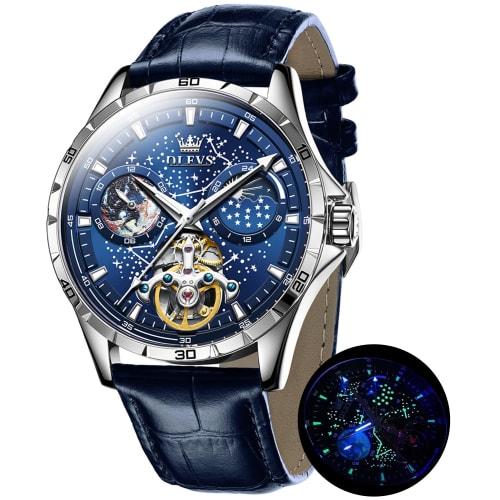 

OLEVS Men s Cool Starry Sky Wristwatch, Automatic Mechanical Movement, Luxury Leather Strap, Skeleton Design, Waterproofc