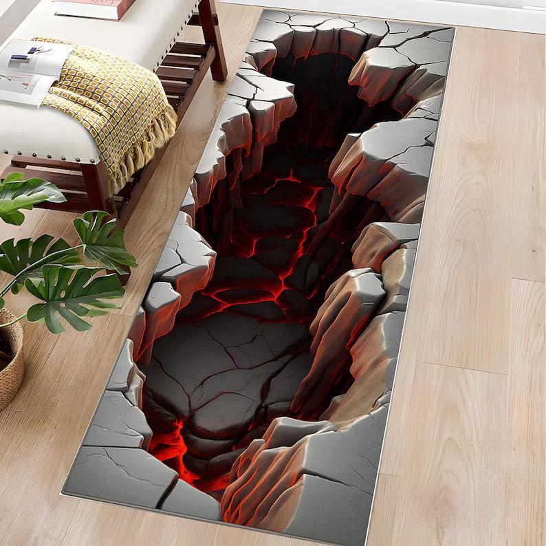 2D Magma Valley Runner Rug Realistic Lava Cracked Ground Design Home Decor Mat Soft Non-Slip Carpet for Living Room Bedroom