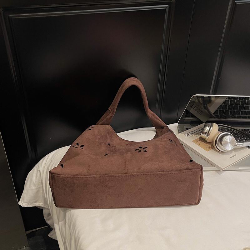 Floral Cutout Suede Hobo Bag with Open Top Design Large Capacity Fashion Shoulder Bag