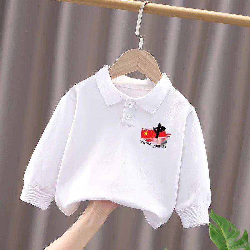 National Day Patriotic Cotton Long Sleeve Polo Shirt for Kids