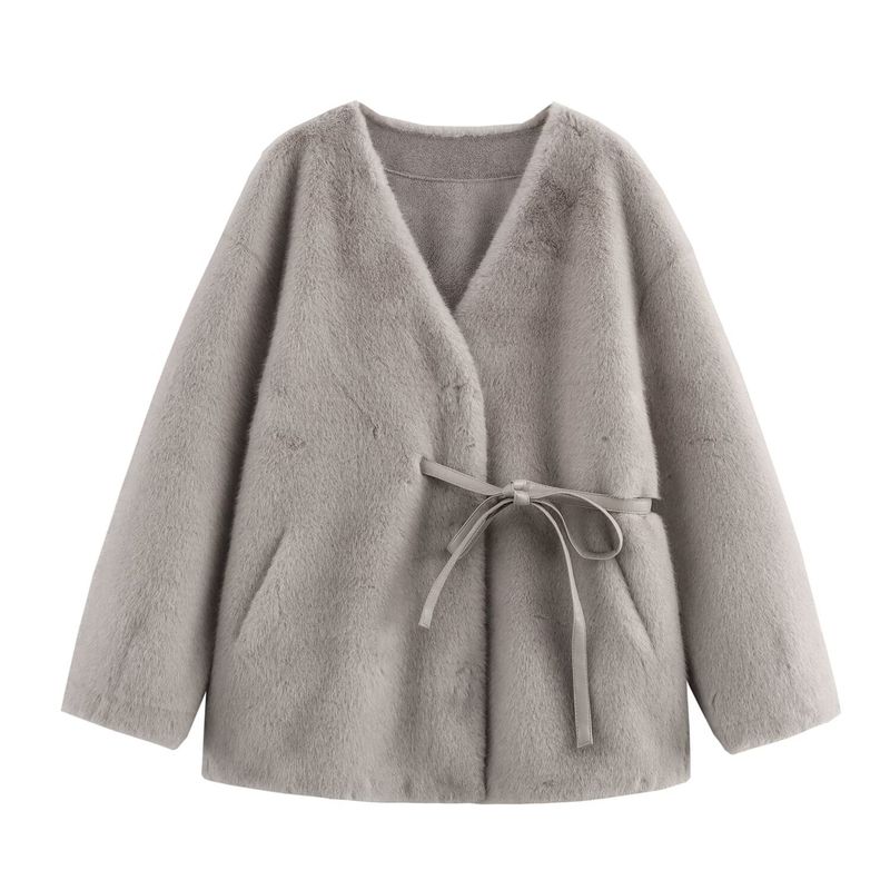 

Kaslead New Arrival Women s Clothing Fashion Style Fashion Two-Color Fur Integrated V Neck Tether Fur Outwear Gray One size
