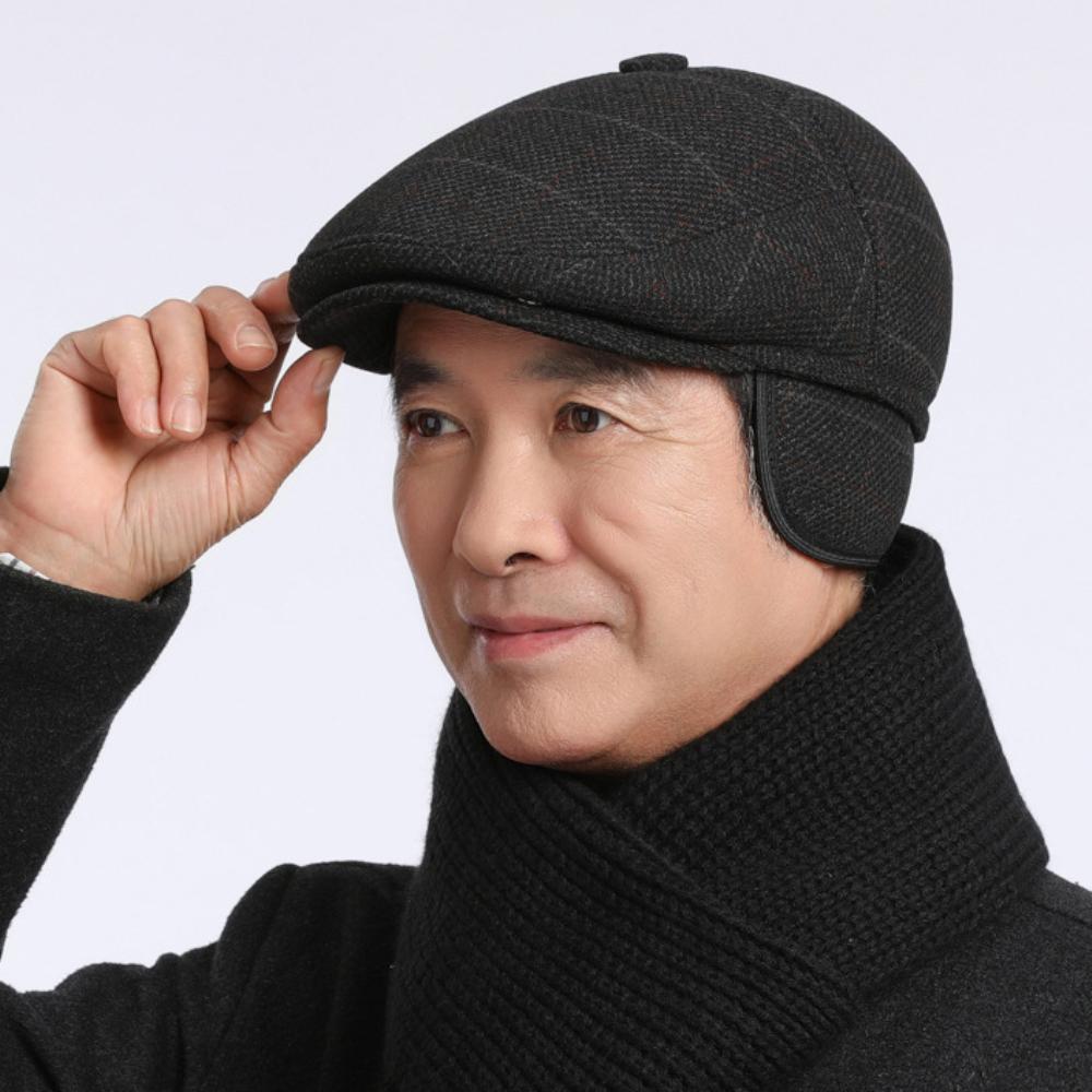 HT4980 Mens Berets Vintage Plaid Beret Hat Thick Warm Autumn Winter Hats for Men Dad Grandfather Flat Cap Male Earflap Beret Cap