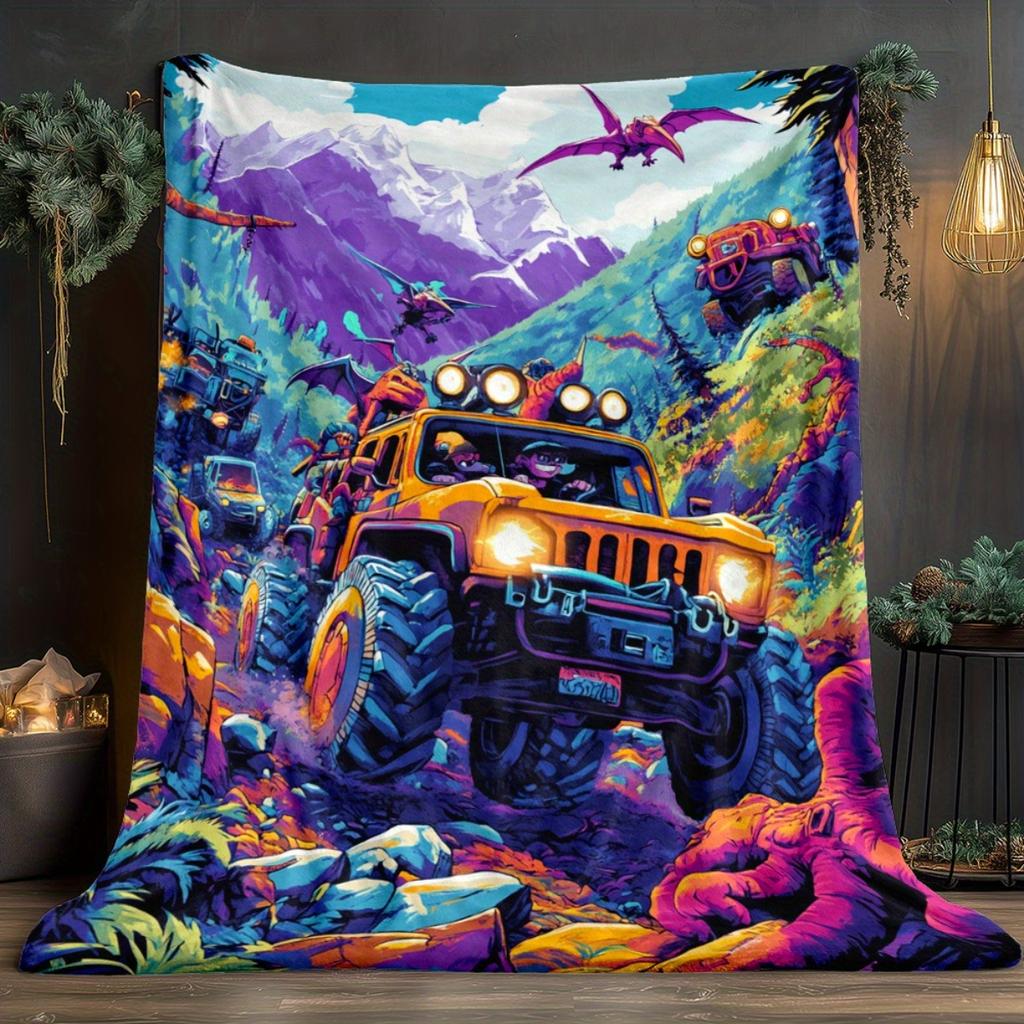 1pc Adventure Offroad Vehicles Mountains Jungle Dinosaurs Colorful Print Flannel Blanket Outdoor Themed Blanket for Teens
