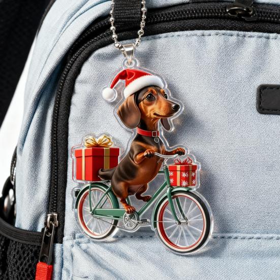 Christmas Ornament Funny Bicycle Dog Pendant Acrylic 2D Cartoon Animal Hanging Decoration for Xmas Tree Home Car Decor