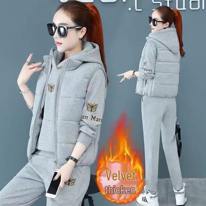 Women's Fleece-Lined Embroidered Hoodie Three-Piece Set for Autumn/Winter 2024