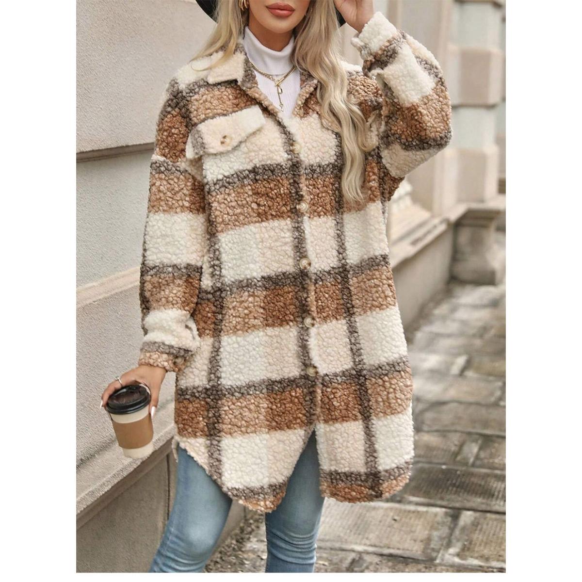 

Утепленное пальто для осени и зимы, Новая женская одежда, Пальто из искусственного меха в клетку с лацканами, Повседневное пальто S верблюд