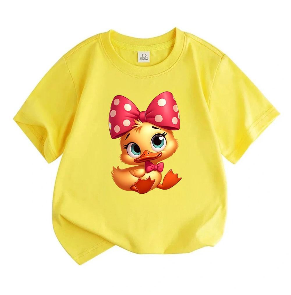 Kids Boys Girls 100% Cotton Crew Neck Short Sleeve T-Shirt, Cute Cartoon Duck with Red Polka Dot Bow Print Casual Soft Tees for Children Daily Wear