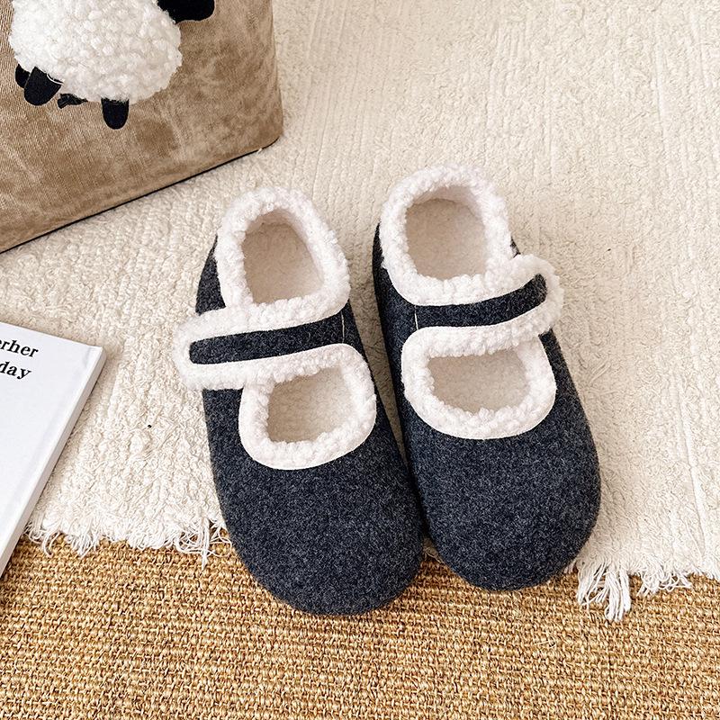 Comfortable Women's Furry Mary Jane Shoes for Autumn/Winter - Versatile, Solid Color, Cotton-Enhanced, Ideal for Home, Outdoor, and Commuting.