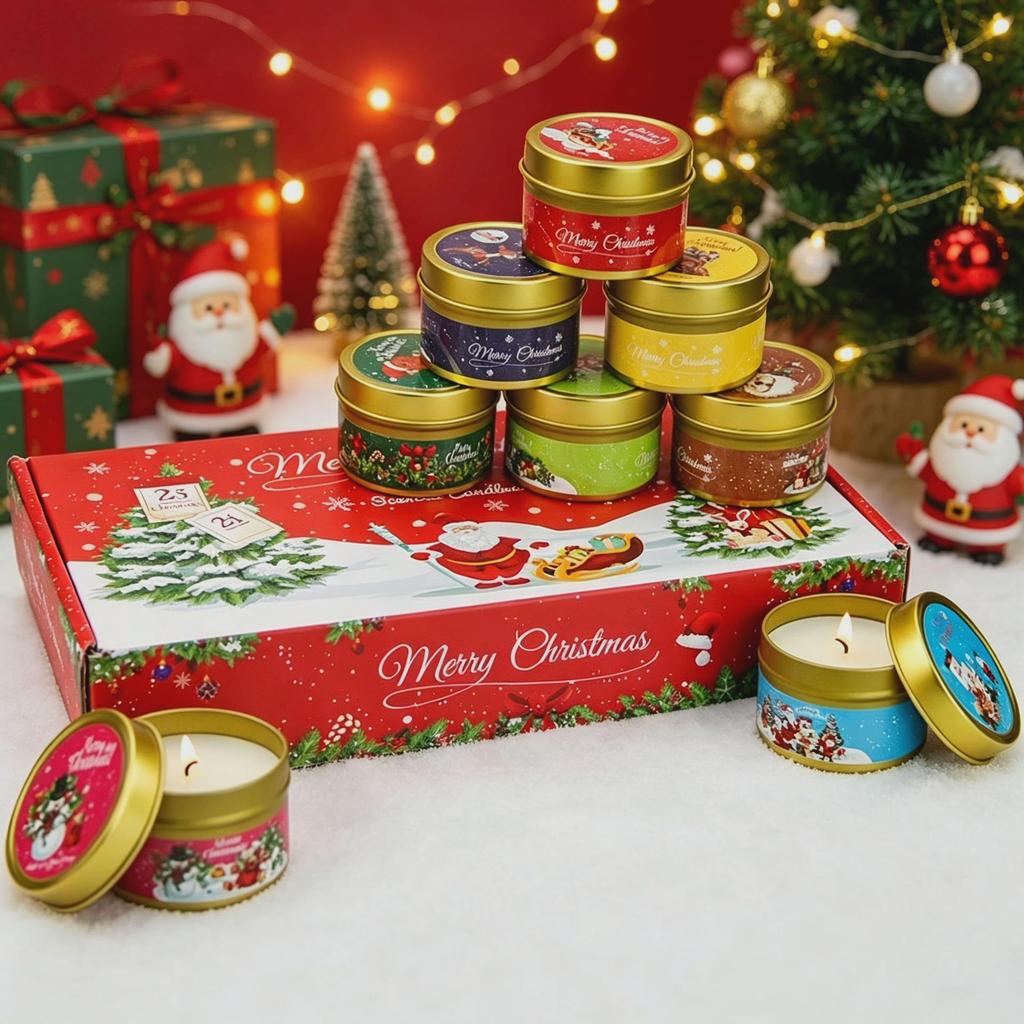 Christmas Edition Scented Candle Tin Set with Dried Flowers - Eight Soy Wax Essential Oil Candles