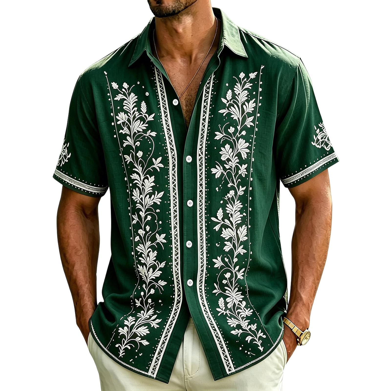 

Men’s Short Sleeve Button Down Shirt with Floral Embroidery Casual Relaxed Fit Lightweight Material for Summer S