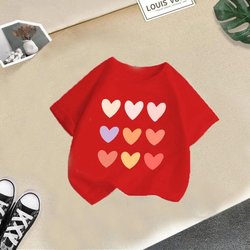 2025 Summer Heart Print Lover Children's Casual Short Sleeve Boys Girls Wearable Streetwear Soft Summer T Shirt Loose Cute Shirt