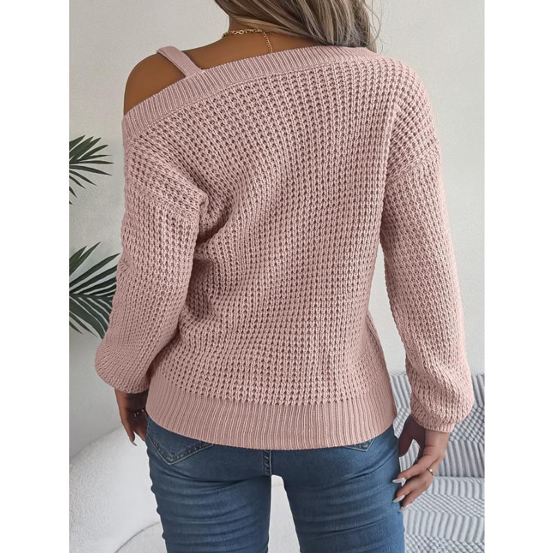 VEZFAA Women's Fashion Casual Fall Winter Solid Color Print Long Sleeve Oblique Collar Sweaters